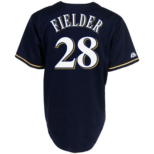 MLB Men's Milwaukee Brewers Prince Fielder Navy Short Sleeve 6 Button Synthetic Replica Baseball Jersey Spring 2012  (Navy, Large)