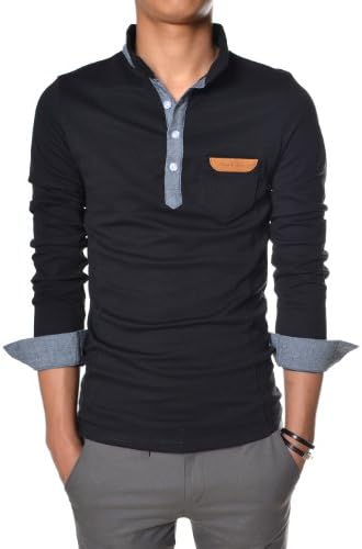 (TCL02) Slim Fit 2 Tone China Collar Leather Patched Pocket Long Sleeve Tshirts BLACK XX-Large(US Large)