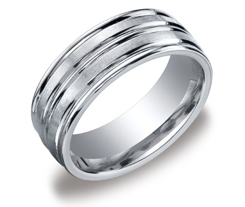 Cobalt 8mm Comfort Fit Round Edge Mens Wedding Band with Satin Center & High Polished Double Fine Cut Drop, Size 9.5