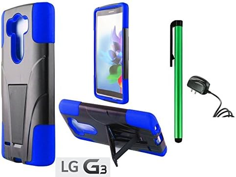 LG G3 Premium T-Stand / Side-Stand Hybrid Holster Design Protector Hard Cover Case (For 2014 LG New Flagship Android Phone) + Travel (Wall) Charger + 1 of New Assorted Color Metal Stylus Touch Screen Pen (BLUE / BLACK)