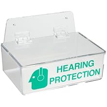 Brady 2019L 3" Height, 9" Width, 6" Depth, Acrylic, Green On Clear Color Compact Ear Plug Dispenser With Cover, Legend "Hearing Protection (With Picto)"