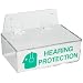 Brady 2019L 3" Height, 9" Width, 6" Depth, Acrylic, Green On Clear Color Compact Ear Plug Dispenser With Cover, Legend "Hearing Protection (With Picto)"