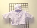 Ck83l, . Knitted on Hand Knitting Machine Then Finished By Hand Crochet Infant Girls Outfit, Containing Lilac Chenille Cardigan Sweater, Hat Set Trimmed with Mini Rosebuds.