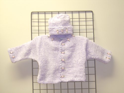 Ck83l, . Knitted on Hand Knitting Machine Then Finished By Hand Crochet Infant Girls Outfit, Containing Lilac Chenille Cardigan Sweater, Hat Set Trimmed with Mini Rosebuds.