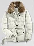 Lands End Luxe Down Jacket Ivory Faux Fur Trim Winter Coat Womens