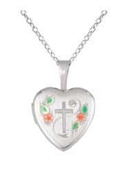 Sterling silver SS Heart Shaped Locket w/ Cross and Flowers Necklace