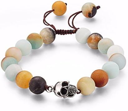 LANROQUE 11mm Gem Semi-Precious Gemstones Round Bead Beaded Bracelet Wristband with Silver Skull Multi-Colored