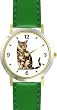 Brown or Tan Tabby Cat - WATCHBUDDY&reg; DELUXE TWO-TONE THEME WATCH - Arabic Numbers - Green Leather Strap-Size-Large ( Men's Size or Jumbo Women's Size )
