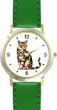 Brown or Tan Tabby Cat - WATCHBUDDY&reg; DELUXE TWO-TONE THEME WATCH - Arabic Numbers - Green Leather Strap-Size-Large ( Men's Size or Jumbo Women's Size )