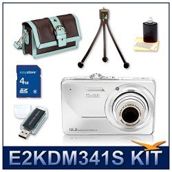 Kodak EasyShare M341 Point-and-shoot Digital Camera (Silver), 12 Megapixels, 3x Optical Zoom Lens, 2.7 Inch LCD, Aqua & Brown Fashion Camera Clutch, 3pc. Lens Cleaning Kit, 4 GB Memory Card, SD USB 2.0 Card Reader, Mini Tripod