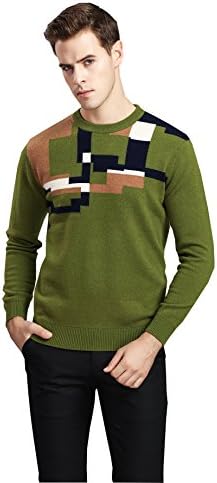 FOUQ Men's Wool Crew Neck Knit Sweater with Geometric Pattern Olive Green XL