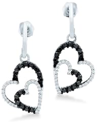 Black and White Round Diamond 10k White Gold Dangle Love Heart Shape Earrings (1/2 cttw)