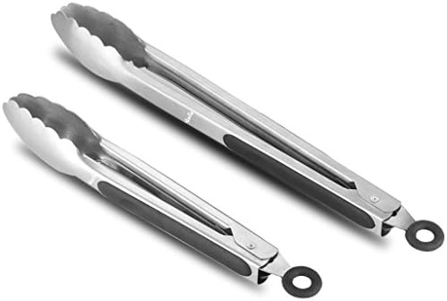 OUTU 2pcs Stainless Steel Kitchen Tongs - 9 inch and 12 inch Barbecue (BBQ) Salad Baking Food Tongs