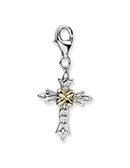 14k Yellow Gold Sterling Silver with 3 D Antiqued Cross with Lobster Clasp Charm