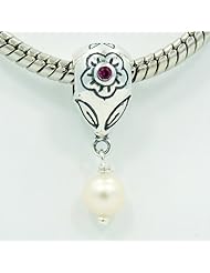 .925 Sterling Silver " Pink Cubic Zirconia w/ Pearl Dangle " Bead Compatible with Pandora Chamilia Kay Troll Bracelet