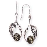 Sterling Silver And Green Amber Art Nouveau Drop Earrings With A Leaf Motif