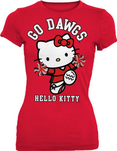 NCAA Georgia Bulldogs Hello Kitty Pom Pom Junior Crew Tee Shirt (Red, Large)