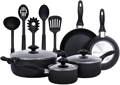 13-Pieces - Heavy Duty Cookware Set - Black, Highly Durable, Even Heat Distribution, Double Nonstick Coating - Multipurpose Use for Home, Kitchen or Restaurant - by Utopia Kitchen