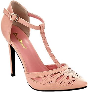 Queen Chateau PATTY-2 Women's Pointy Toe Cut Out Close Back T-strap Dress Pumps, Color:PINK, Size:10