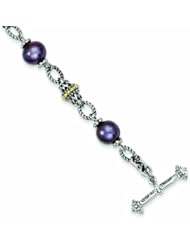 Sterling Silver with 14k Gold 7.5-8mm FW Cultured Black Pearl 8in Bracelet - Antique Boutique - Vintage Style - Jewelry