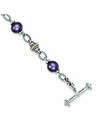 Sterling Silver with 14k Gold 7.5-8mm FW Cultured Black Pearl 8in Bracelet - Antique Boutique - Vintage Style - Jewelry