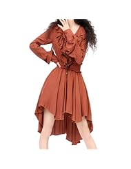 V-neck Rayon/Viscose Shirred Puff Sleeves Plunging Neck  Dress