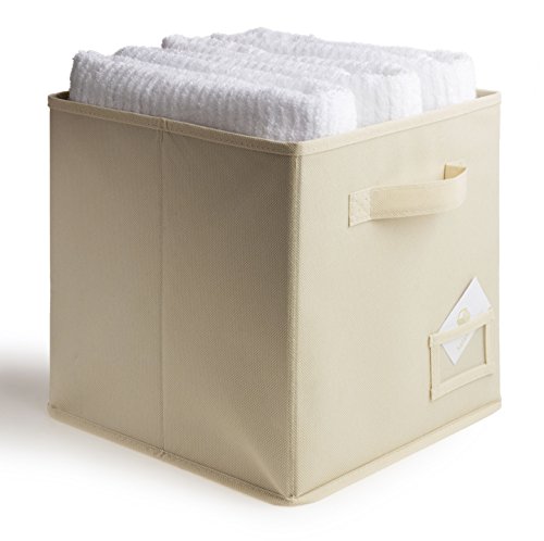 Stylish Label Holder & Two Handle Design Foldable Fabric Storage Cube Closet Organizer by Safari Foldables, 6 Pack Storage Bins, Cream Beige Color - Organizing Baskets For Books Clothes & Toys