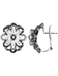 14K White Gold 4.21ct Bright Flower Black Diamond & White Topaz Huggie Earrings