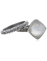 Sterling Silver Oxidized Marcasite, White Shell and Crystal Cushion Cut Ring, Size 7