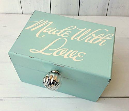 Aqua Recipe Box Holds 4 x 6 Cards with Hand Painted Made With Love and Round Silver Mercury Glass Knob