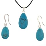 Synthetic Turquoise Flatdrop Pendant and Earrings Set - Pendant 13x22mm, Earrings - 11x17mm - Adjustable Cord Necklace