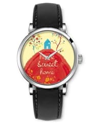 SPRAWL Aanalog Fashion Series Silver Ladies Watches of Genuine Black Leather Strap,Unique Wrist Watch for Women Girls Designed with Have sweet home