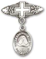 Sterling Silver Baby Badge with St. Katherine Drexel Charm and Badge Pin with Cross