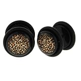 Black Acrylic Faux Plug - Leopard Logo - 16g Stud Wire - 00g Fake Plug - Sold as a Pair