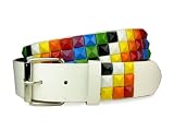 Snap On Punk Rock Rainbow Star Studded Checker Board Pattern Leather White Belt