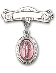 Sterling Silver Baby Badge with Pink Miraculous Charm and Arched Polished Badge Pin