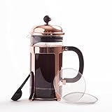 Copper French Coffee Press and Tea Maker Heat Resistant Glass Café Crush Club's-Avignon WITH Stainless Plunger, Double Screens & 2 Replacements, Grounds Scoop 34oz/1000ml/8cup to Top of Carafe