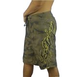 Mens Fox Deluxe Riders Racing camouflage boardshorts. 100% authentic Fox surf shorts with green camouflage color and yellow embroidered logos. Great boardies wear to wakeboard or swim in.