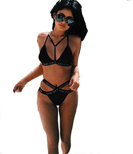 Agastya Two Pieces Sexy Letter Print Bikini Black Swimsuit For Women Medium
