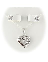 Channel-set CZ Heart Sterling Silver Pendant Cable Chain Earrings 18 Inch
