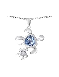 Original Star K (tm) Good Luck Mother and Child Turtle Pendant with Heart Shape Simulated Aquamarine in 925 Sterling Silver
