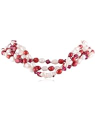 4 Row Multi-Rose Baroque Freshwater Cultured Pearl, Rose Quartz and Swarovski Element Bicone Sterling Silver Clasp Necklace, 18"
