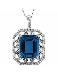 14K White Gold Emerald Cut Chatham Created Sapphire and Diamond Pendant -- LIFETIME WARRANTY