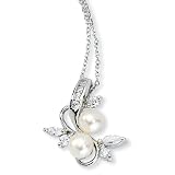 Sterling Silver CZ White Cultured Pearl Leaves 18 Inch Necklace