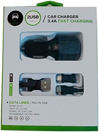 Dual USB Car Charger FAST CHARGING 12-24V(5V/3.4A Output) Dual USB Fast Car charger With 2 in 1 Data Line for iphone6s ios tablet android phone
