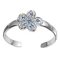 Rhodium Plated Sterling Silver 7mm Flower Shaped Blue Sapphire & Clear CZ Toe Ring