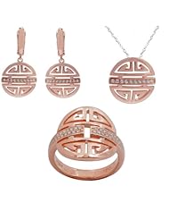 De Buman Rose Goldplated Silver CZ Set Jewelry- Ring,Necklace,Earring 3 in 1 Set