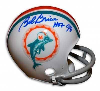 Bob Griese Autographed/Hand Signed Miami Dolphins Thowback 2 Bar Mini Helmet with HOF 90 Inscription