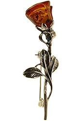 BALTIC AMBER AND STERLING SILVER 925 DESIGNER COGNAC ROSE BROOCH PIN JEWELLERY JEWELRY