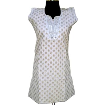 Block Printed Handmade Cotton Ladies Top With Plastic Mirror And Lace